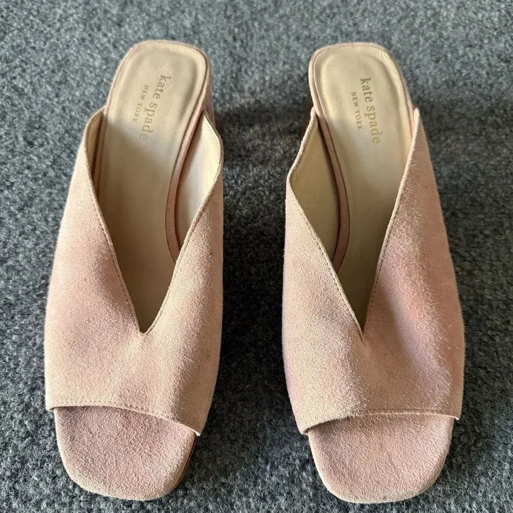 Kate Spade Caila Pink Suede Block Heel Mule Transparent Gem Square Toe 8.5M